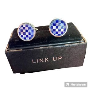 LINK UP cuff links silver tone - mother of pearl look & royal blue check pattern